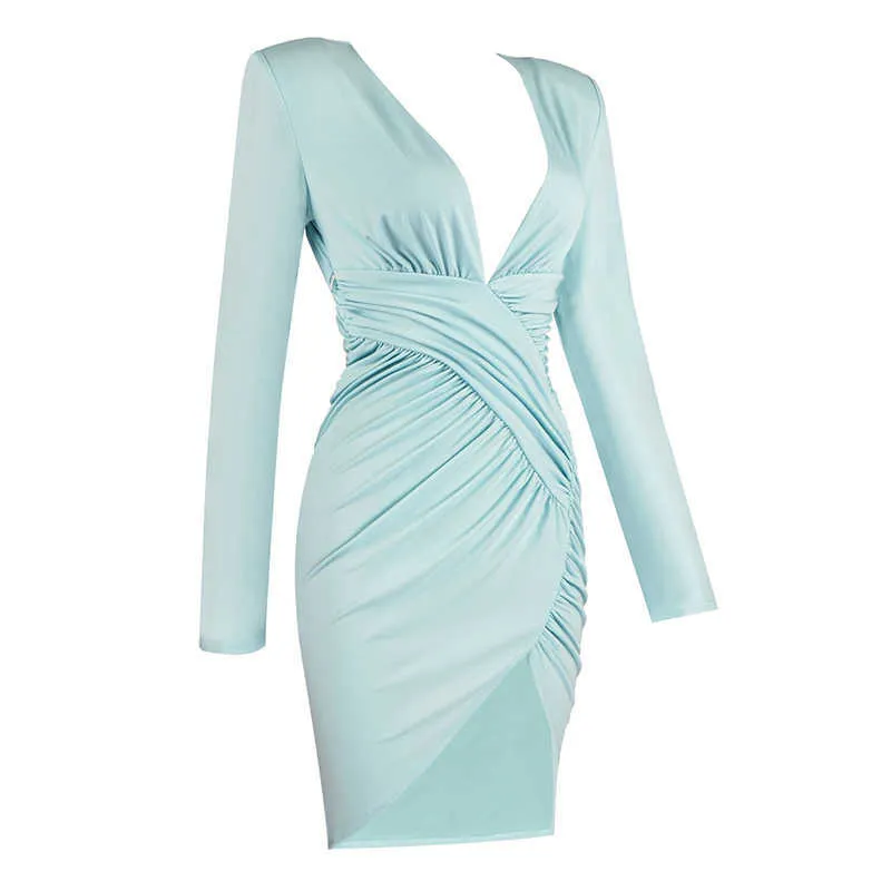 Frauen Sexy V-ausschnitt Sky Blue Party Kleid Elegante Nachtclub Prom Promi Bodycon Vestido 210527