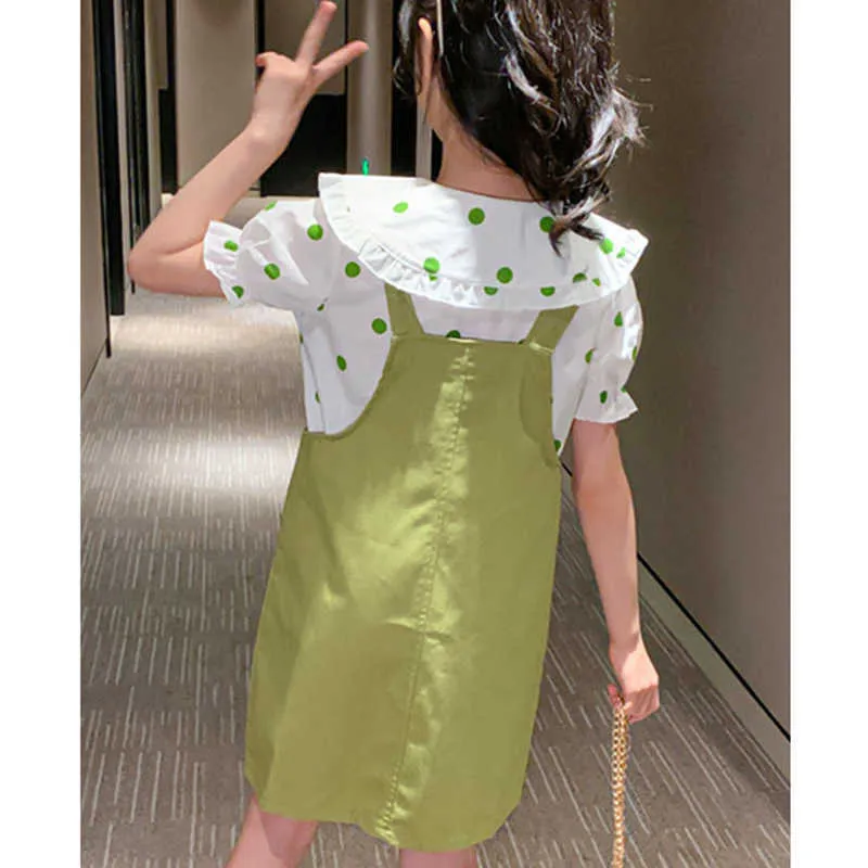 Koreaanse stijl zomer pak kleding sets korte mouw + jarretel jurk 2 stks voor meisjes kinderen 210528
