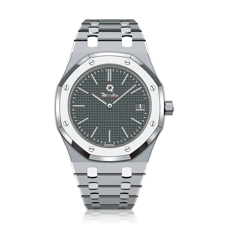Men's Luxury Automical Watch 15202 Requin Royal Blackステンレス鋼ケース3ハンドカレンダーグリッドダイヤル折りたたみclas239c
