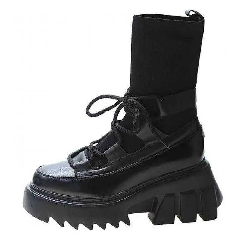 Otoño Invierno botas cortas negras nuevos zapatos de mujer 2020 INS botas de plataforma para mujer tacones gruesos tela elástica Y0910