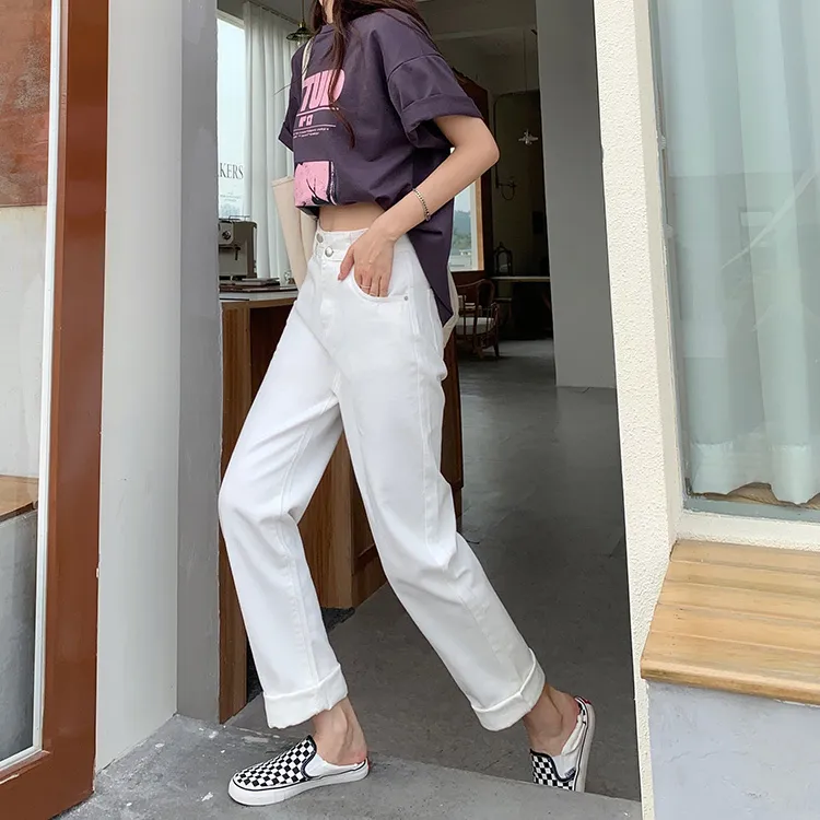 SML zomer Koreaanse ins stijl losse vrouwen lange witte denim broek hoge taille brede been jeans voor dames SY8770 210423