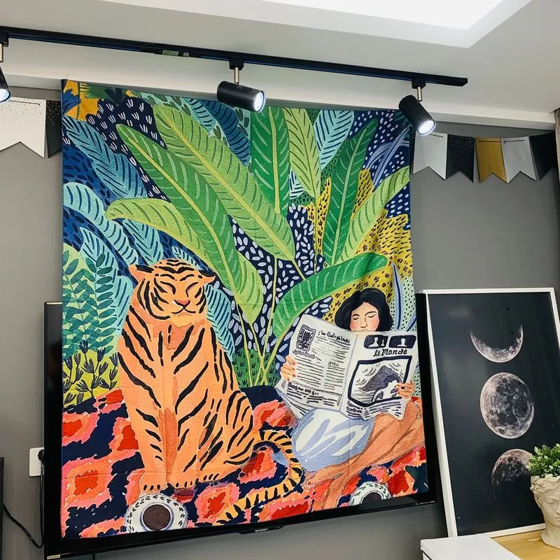 Serie de animales diseño nórdico INS tapiz colgante Fondo tela Boho decoración pared tela selva tigre chica 220301