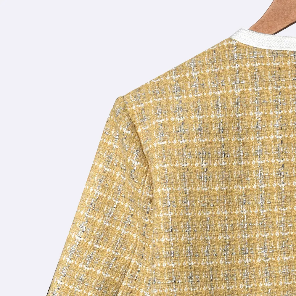 2022 primavera maniche lunghe scollo tondo giacca gialla stile francese scozzese tweed con pannelli finiture a contrasto giacche cappotti outwear 20W183088
