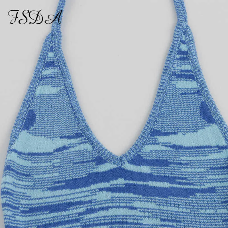 FSDA 2021 v pescoço de malha vestido bodycon azul mulheres halter pescoço backless bandage verão praia sem mangas sexy mini vestidos y2k y0603