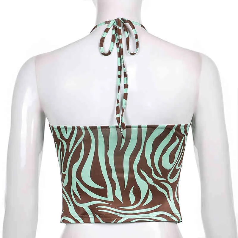 Paisley Drukowane Y2K Halter Camis Crop Topy dla dziewcząt z cienkim paskiem Sexy Kobiety Lato Backless Zebra Paski Koszula Tee Tank 210510