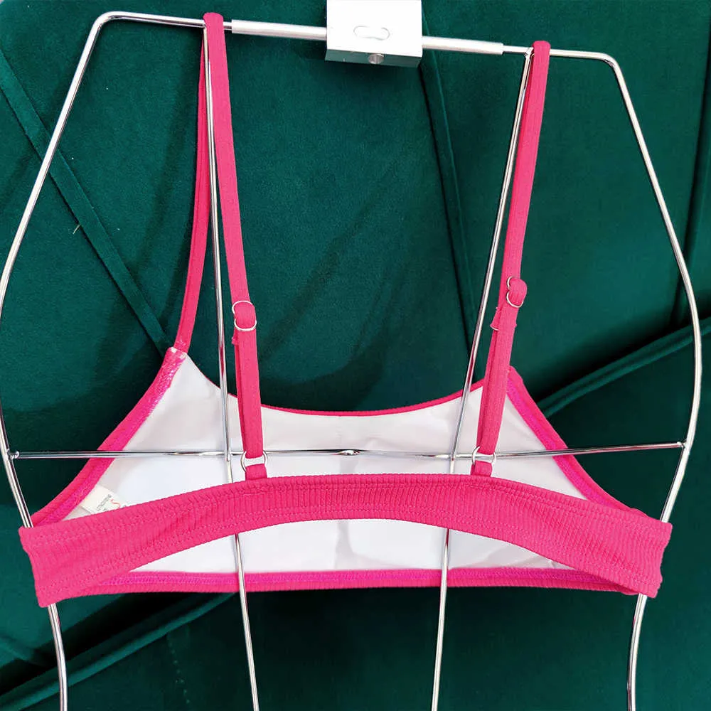 Ribbed Neon Różowy Bikini Set Thong Bikinis Swimsuit Kobiety Wysokiej Pas Kostium Kąpielowy Lampart Bra Plus Size Swimwear String 210629