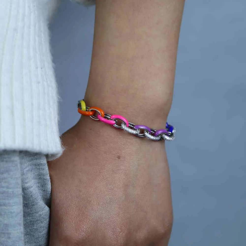 Todo llegó, pulseras con dijes de cadena de eslabones ovalados de circonia cúbica con esmalte de neón colorido de arcoíris para mujer y niña, joyería delicada para regalo de fiesta