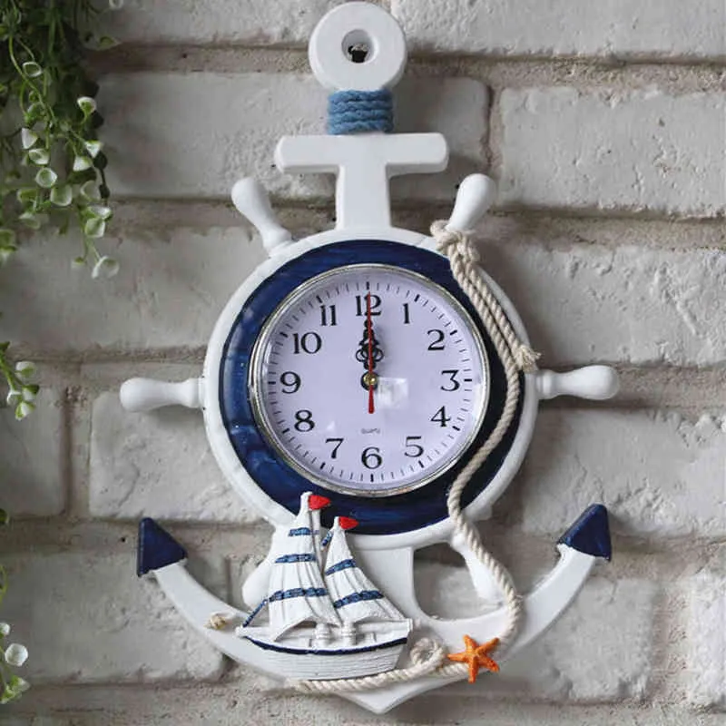 Anchor Clock Beach Sea Theme Nautical Ship Wheel Rudder Steering Wheel Decor Wall Hanging Decoration H1230