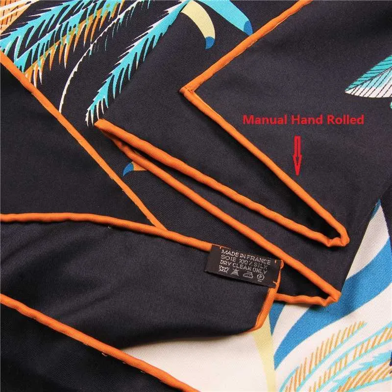 Manuell handvalsad Twill Silk Scarf Kvinnor Toucan Bird Print Square Scarves Wraps Echarpes Silk Foulards Femme Bandana Hijab 90cm Q0828