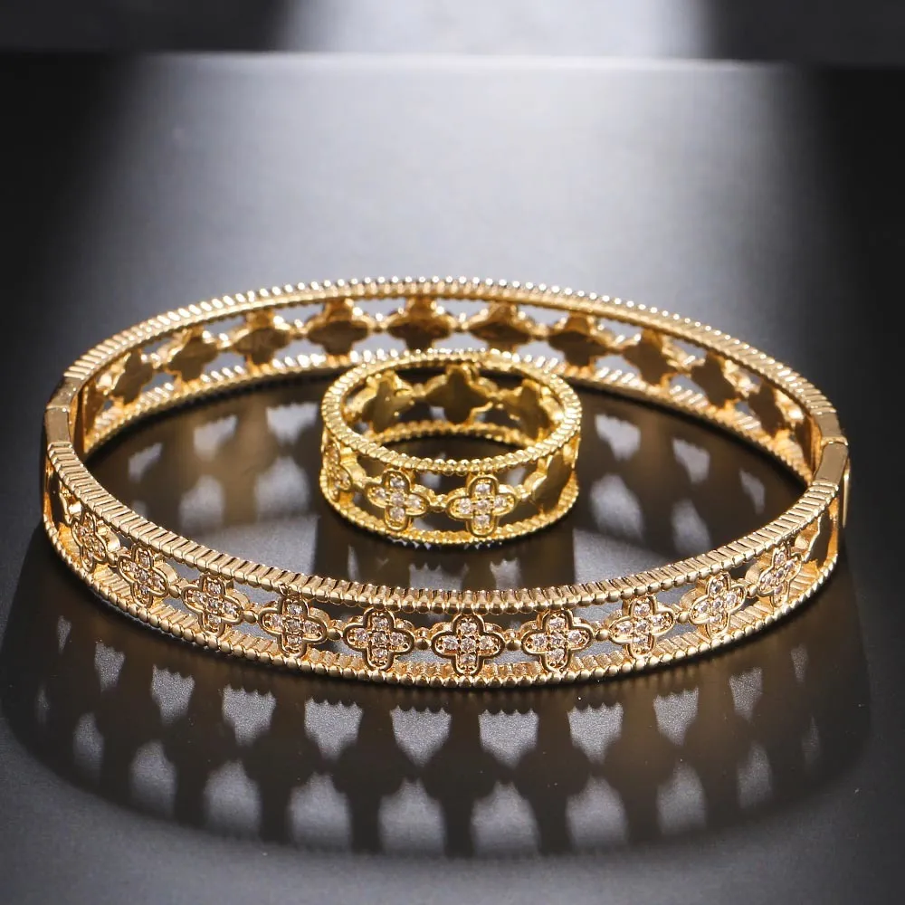 HONGHONG, moda clásica, anillos de brazalete de circonio 3A, conjuntos de 2 uds para mujeres, pulseras de flores de alta calidad, conjuntos de joyería de moda