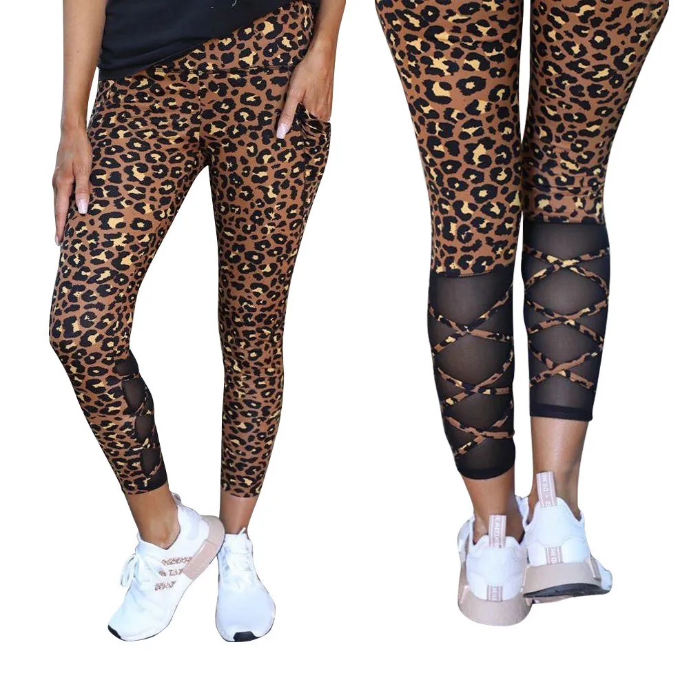 Mujeres lápiz pantalón sexy leopardo estampado malla patchwork correa cruzada decoración ver a través de alto wasit bodycon pantalón largo joggers femeninos 210507
