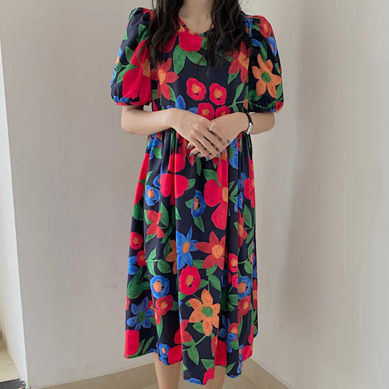 Korejpaa Kobiety Sukienka Korea Chic Słodki Romantyczny Sezon Okrągły Kołnierz Duży Kwiat Luźny Ruffled Bubble Rękaw Długie Vestido 210526