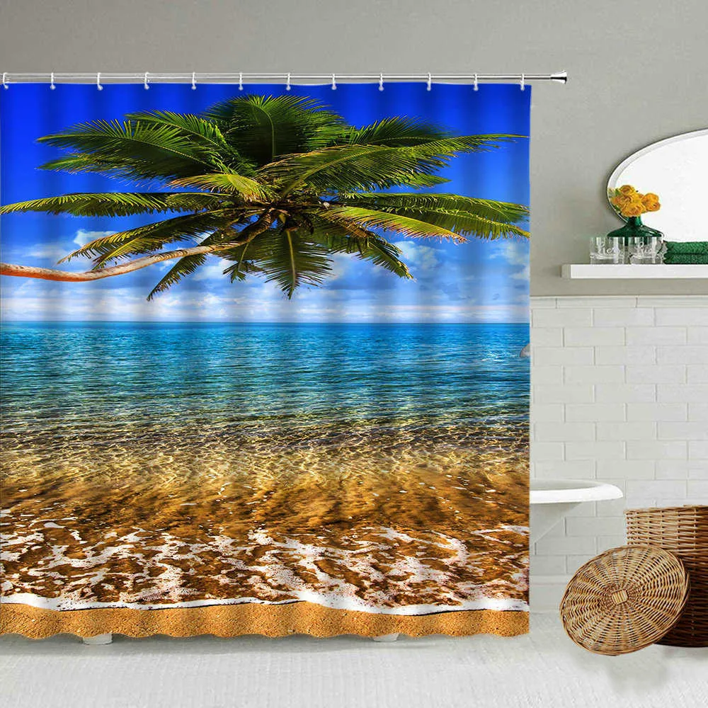 Sea Beach Palm Tree 3D À Prova D 'Água Duche Cortina Verão Natural Cenário Acessórios Banheiro com Gancho Cortinas Decoração de Casa 210915