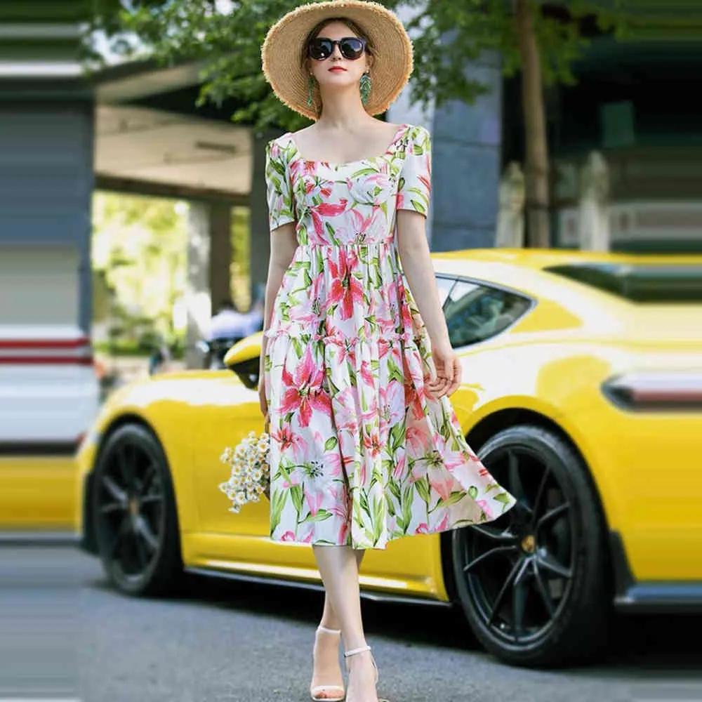 Runway Designer Style Rose Lily Fleur Imprimé Midi A-Line Femmes Robe Summer Holiday Chic Robe Boho Beach Sweet 2XL 2XL 210421