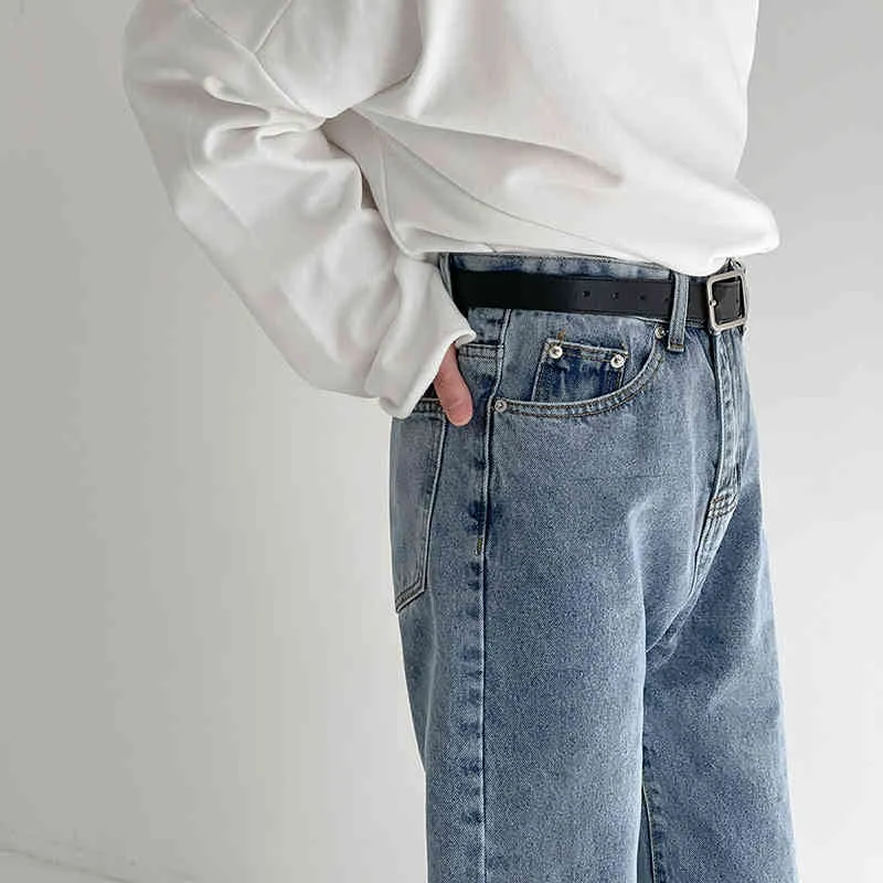 IEFB Jeans Mäns lösa passform Straight Denim Trousers Vintage Streetwear Fashion Blue Jeans Causal Ankel Längd Byxor 210524