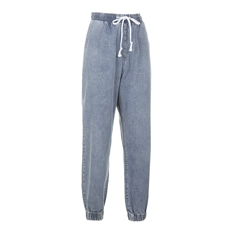 Mulheres jeans harem denim cordão plissado primavera outono moda sólida casual chic streetwear calças 210522