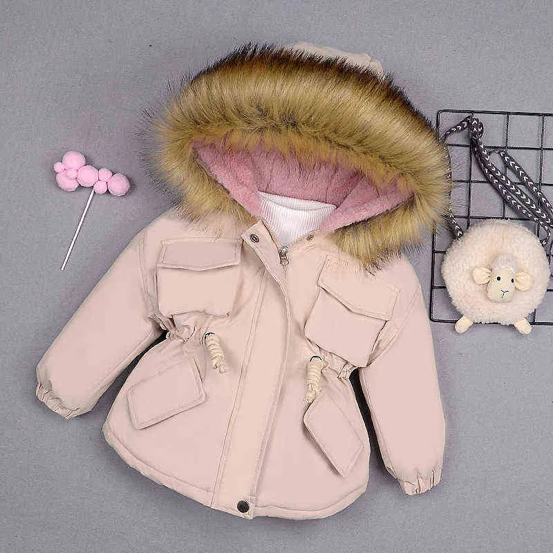 ベビーガールデニムジャケットプラスファー暖かい幼児子供の冬の女の子の綿パッド入り服赤ちゃんの厚いコート211027