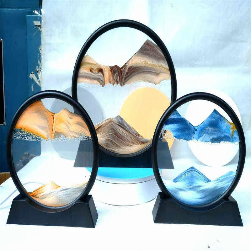 砂のアートピクチャーラウンドガラス3D深い海の砂スケープモーションディスプレイ流れる砂のフレーム7 12インチ家庭用装飾Y112324035411