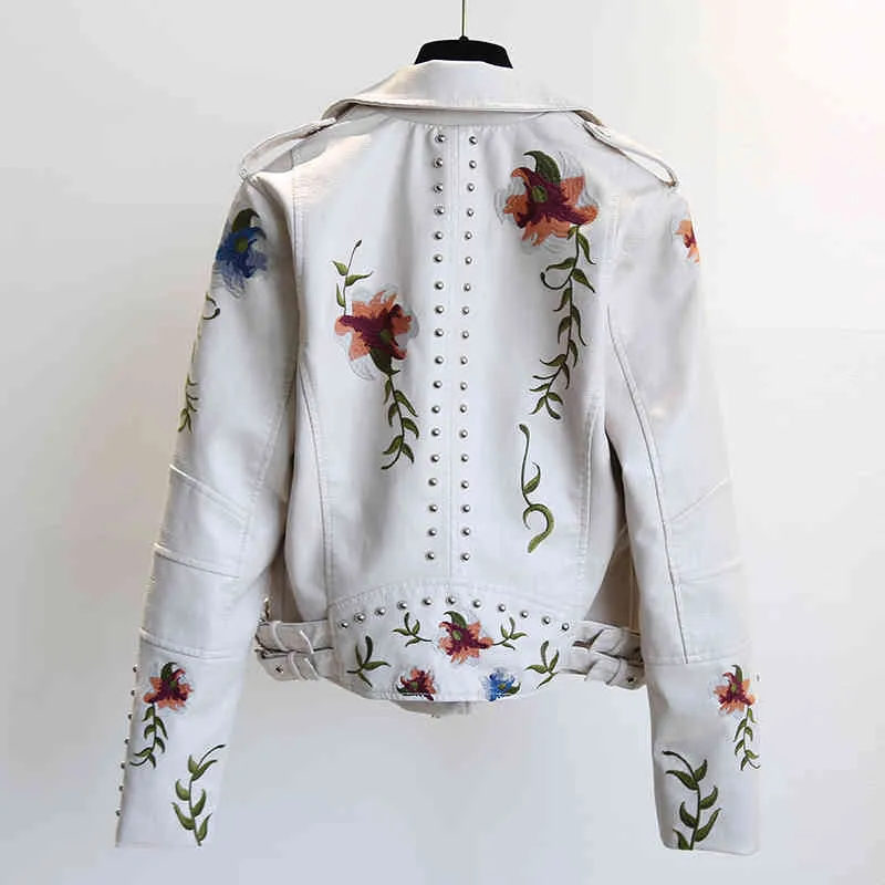 YIZZHOY primavera otoño estampado Floral bordado chaqueta de cuero de imitación mujeres High Street motocicleta negro Punk prendas de vestir exteriores Biker