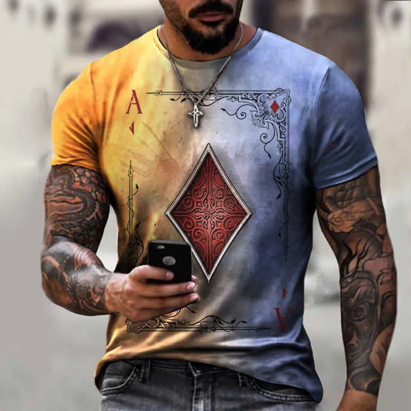 Playing Cards Diamond Square Print T-shirt Men's Summer Casual Short Sleeve Pullover Loose Tops 210629