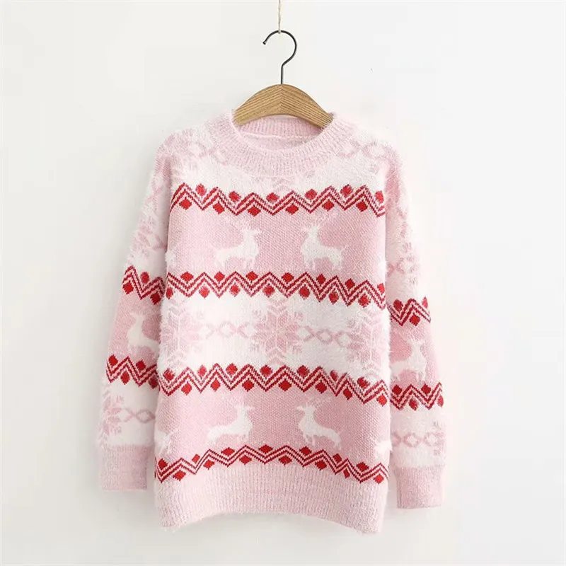 Зимний женский свитер корейский вязаный рождественский рождественский теплый туник с длинным рукавом розовый пуловер Симпатичный повседневное топ -джампер 210428