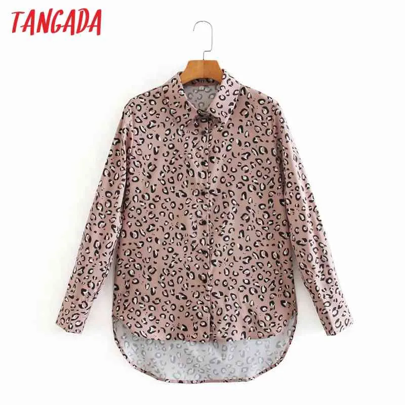 Blusa con estampado de leopardo rosa Retro para mujer, camisa holgada informal elegante de manga larga para mujer, Blusas femeninas XN172 210416