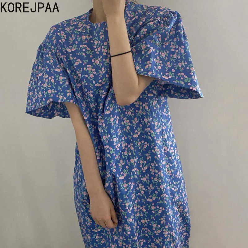 Korejpaa Femmes Robe D'été Mode Coréenne Chic Exotique Rétro O Cou Lâche Droite Casual Floral Grandes Manches Longues Robe 210526