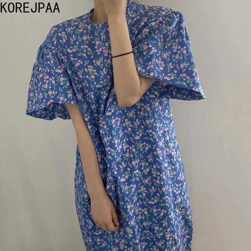 Korejpaa mulheres vestido verão coreano moda chique exótica retro o pescoço solto em linha reta casual floral manga grande Vestido 210526