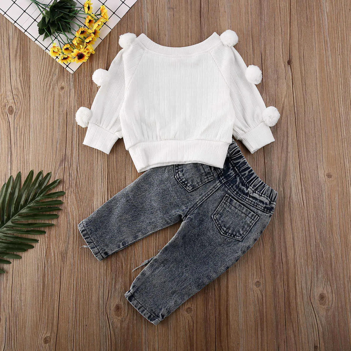 Pudcoco toddler baby flicka kläder solid färg hår boll tröja toppar rippade denim långa byxor outfits bomull kläder set x0902