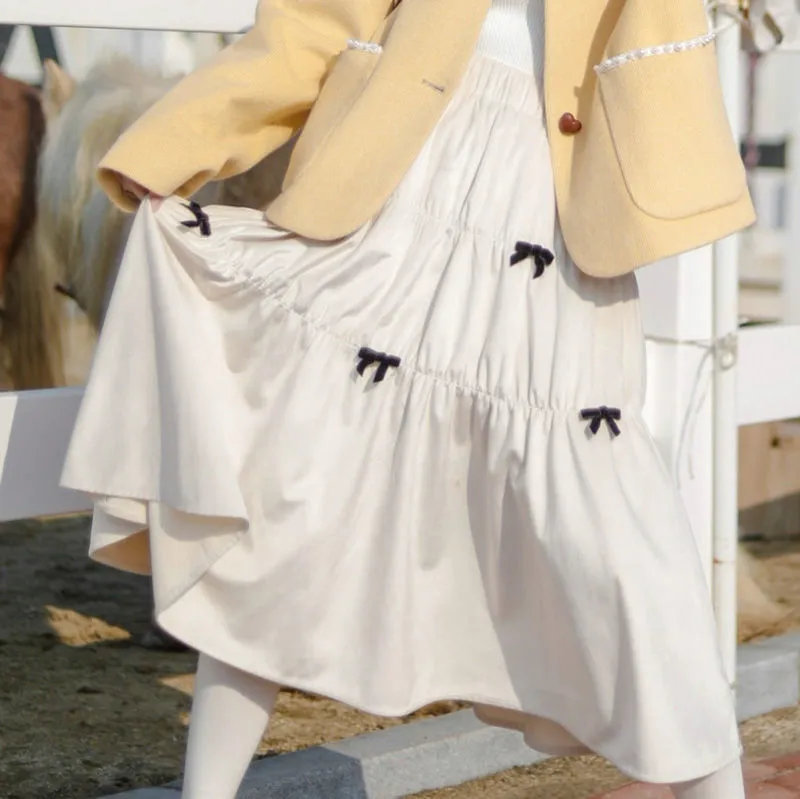 Kawaii Blanc Midi Velours Jupe Femmes Élégant Arc Taille Haute Plissée Étudiantes Vintage Hiver Chaud Lolita Long 210421