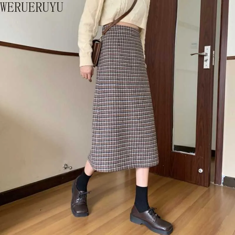 WERUERUYU High Waist Long Wool Plaid Skirt For Women Warm Wool Elegant Office Lady Vintage Skirt Autumn Winter Maxi Skirts 210608