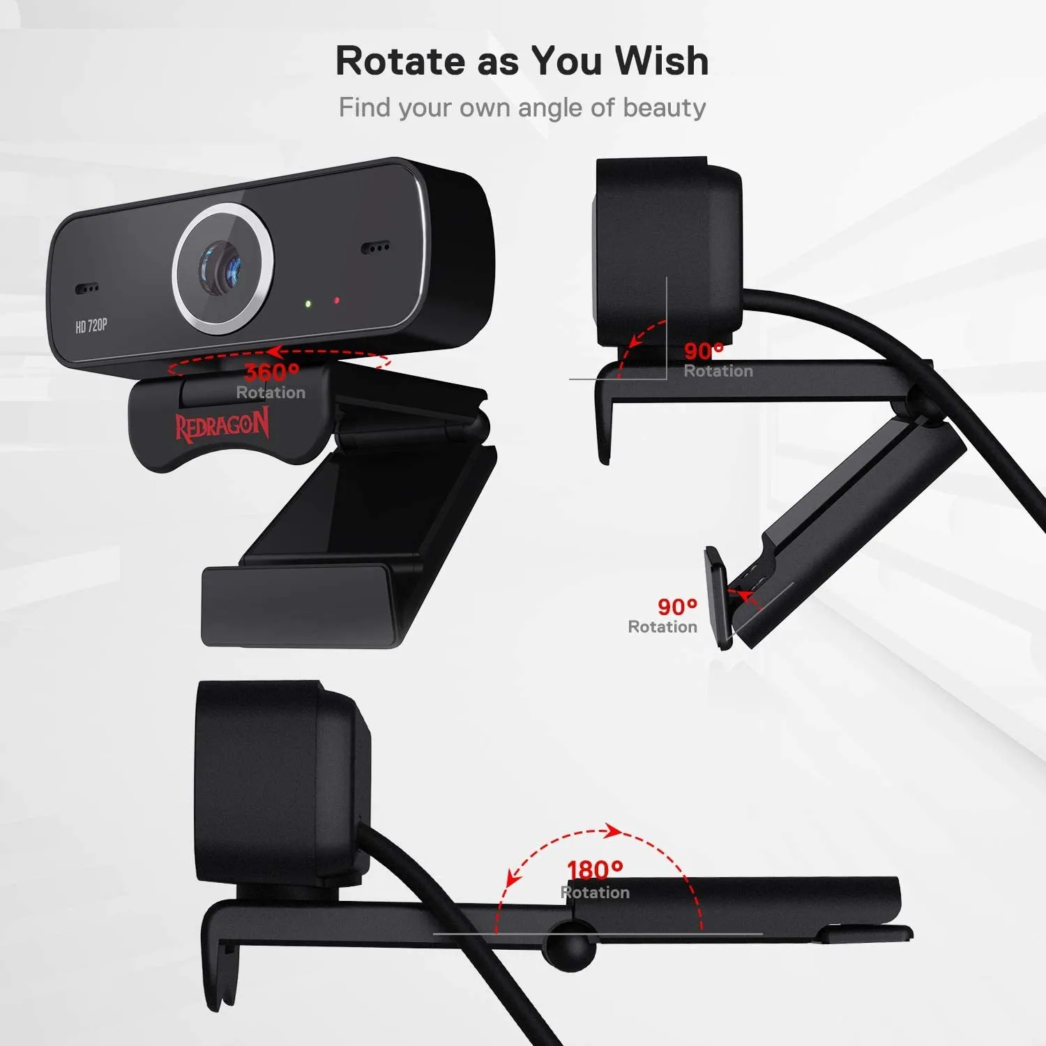 Redragon GW600 720P Webcam with Built-in Dual Microphone 360-Degree Rotation - 2.0 USB Skype Computer Web Camera