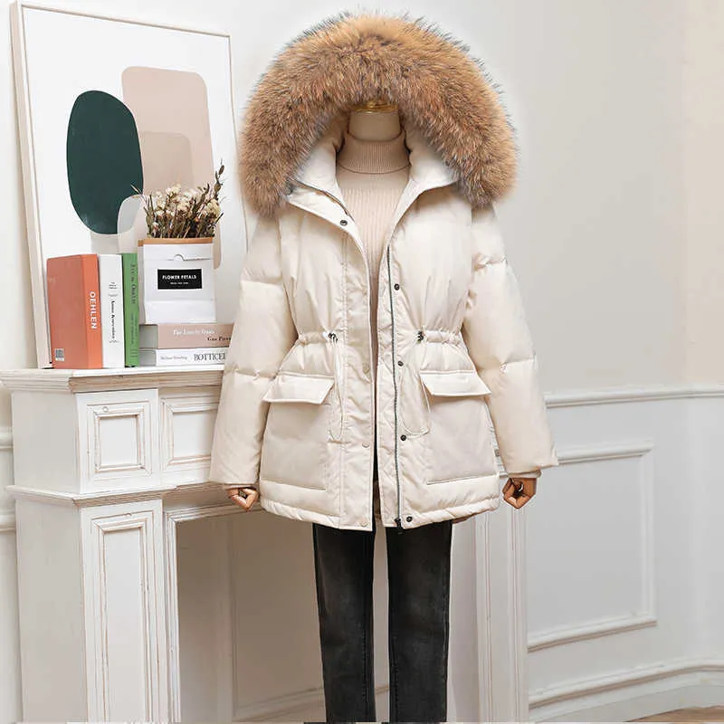 Blanc Duvet de Canard Manteau D'hiver Femmes De Mode À Capuche Réel Col De Fourrure Épaissir Chaud Plume Vêtements Femme Parka Pardessus 211007