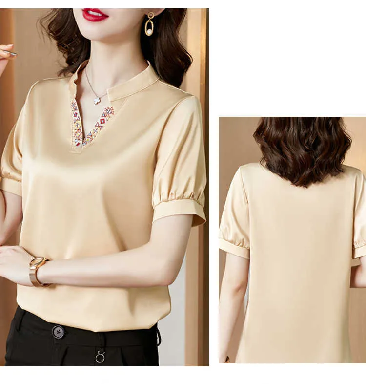 Sommar koreanska mode silke kvinnor blusar satin kortärmad tröja kontor lady blusas plus storlek xxxl / 5xl rosa kvinna toppar 210531