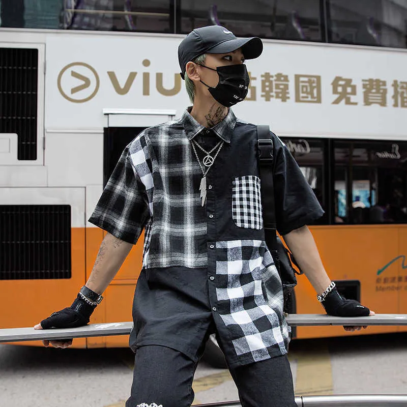 Cargo Shirts Men Summer Plaid Hip Hop Streetwear Color Block Harajuku Short Sleeve Checkered Casual 210527
