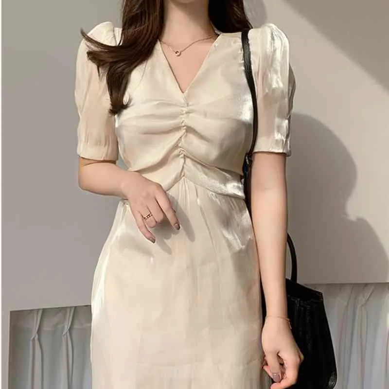 Ezgaga Korean Fashion V-Neck Ruffles Elegancka Syrenka Sukienka Kobiety Krótki Rękaw Szyfonowy Przeglądanie Patchwork Delikatna Dress Party 210430
