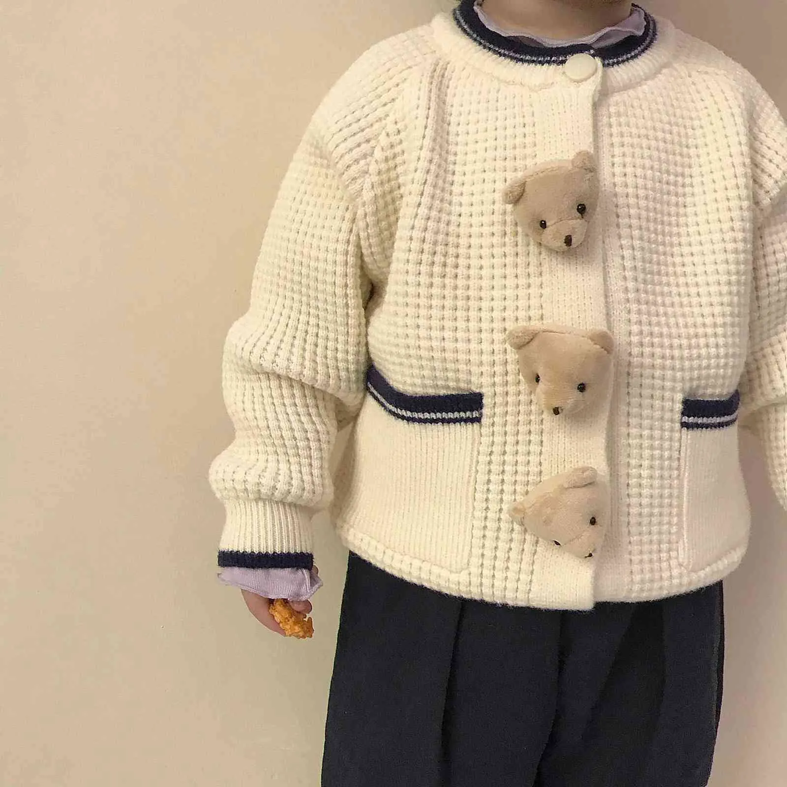 Herbst Mode Bär Pullover Für Baby Mädchen Strickjacke Kinder Jacke Baumwolle Kinder Gestrickte Mantel Casual Jungen Jacke 211106