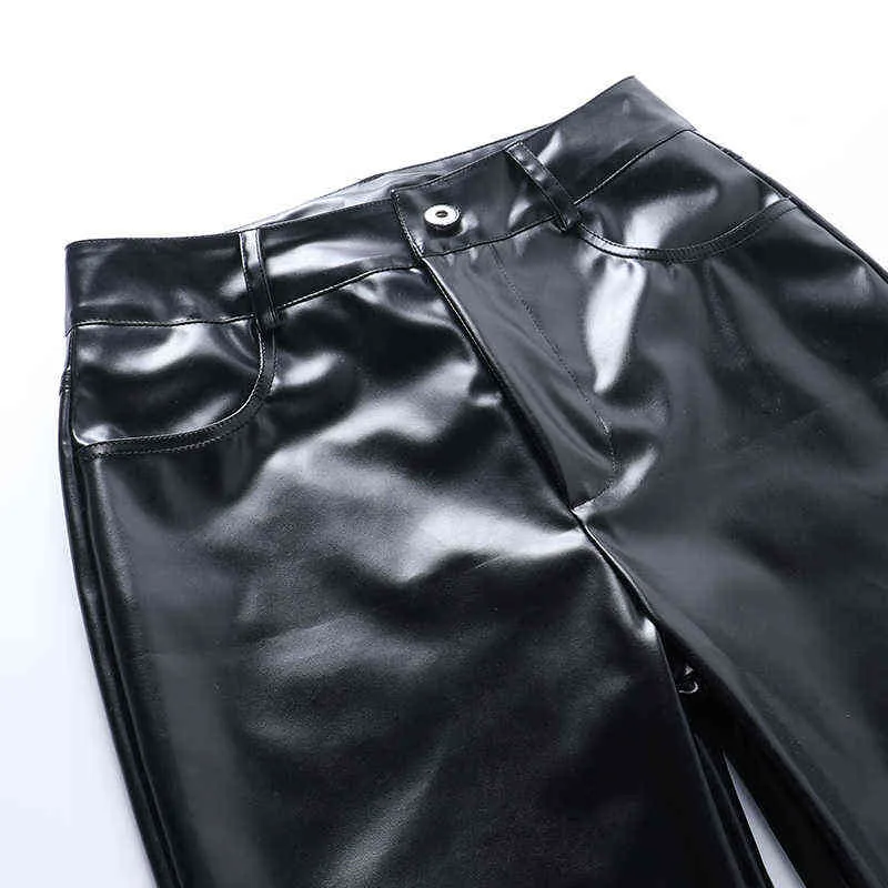 Insta Faux cuir PU plis taille haute pantalon droit femmes pantalons longs décontracté Sexy femme mode poche bouton 211124