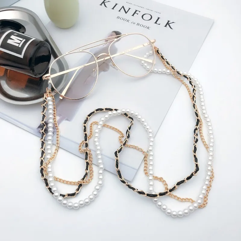 Luxurious Eyeglasses Chains Three Lines Artificial Pears White Sunglasses Chain Gold And Silver With Lobster Clasp Retail186j