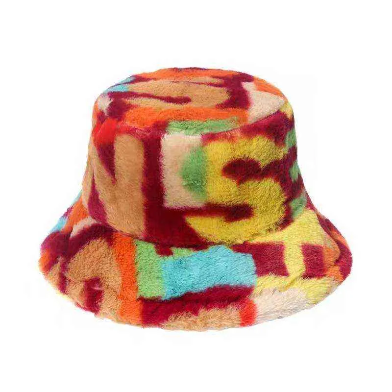 Harajuku kapelusz typu Bucket Graffiti list drukuj Faux futro grube ciepłe czapki zimowe dla kobiet Lady Bob Panama odkryty pluszowy rybak kapelusze Y220301