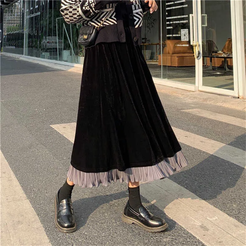 Winter Vintage Velvet Pleated Skirts Women Black Stitching High Waist Long Retro Velour Skirt Korean Style Female Faldas Saias 210619