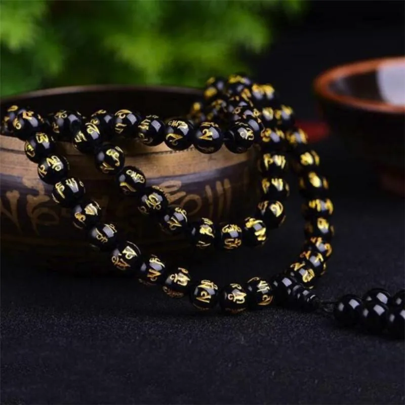 8mm 108 Six Words Of Mantra Beads Obsidian Bracelets Party Fashion Mala Hand-made Meditation Gorgeous Jewelry Mesmerizing Bangle224R