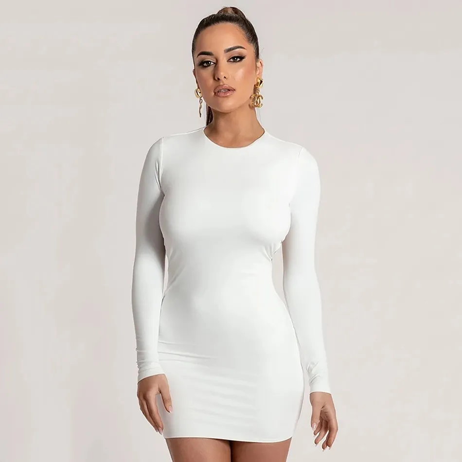 Femmes gratuites robe de bandage blanc sexy o-cou à manches longues moulante licol célébrité club fête mini robes 210524