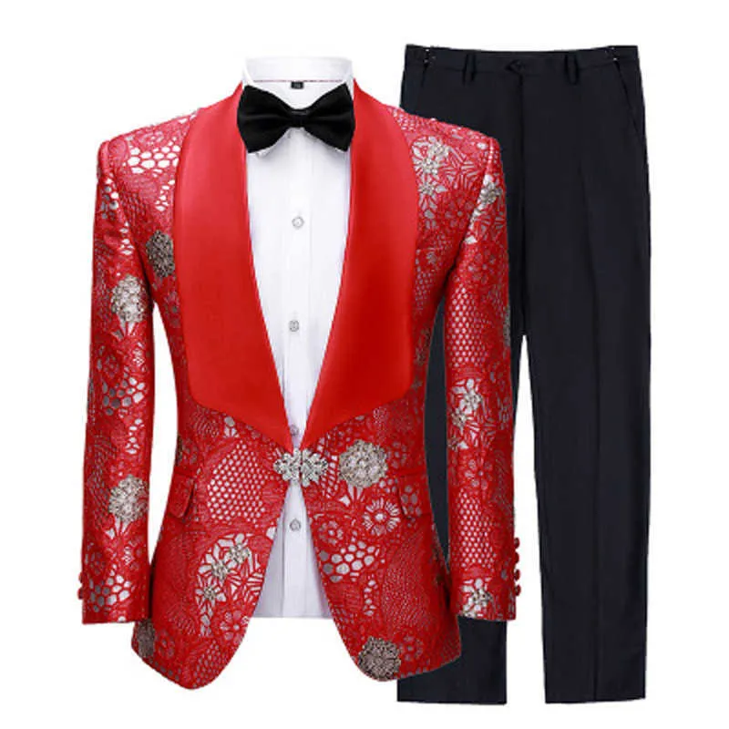 Mężczyźni Garnituje Jesień 2020 Moda Kwiat Drukuj Brytyjski Styl 2 Sztuk Blazer Z Spodnie Zestaw Wedding Party Dress Prom Tuxedo Garnitur X0909