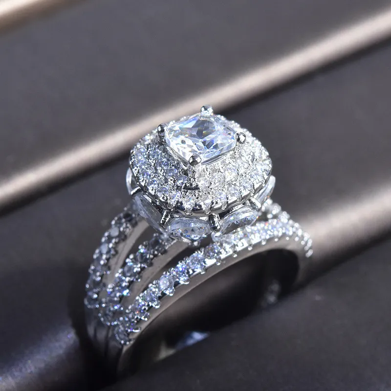Moda principessa di lusso 3 strati zirconi diamanti pietre preziose anelli le donne oro bianco gioielli color argento bijoux regali bague