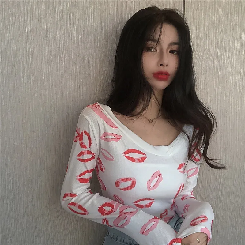 Women's T-shirt Tops Spring Autumn Sexy V-neck Red Lips Print Slim Fit Full Short Bottoming TShirt ML718 210506