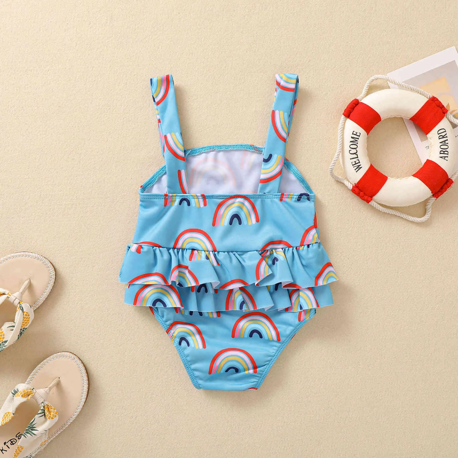 0-3 Jahre Sommer Kleinkind Kind Baby Mädchen Bademode Rüschen Regenbogen Badeanzug Badeanzug Beachwear 210515