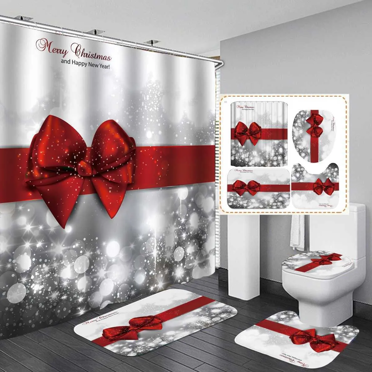 Noël noeud papillon rouge imprimé 180x180cm rideau de douche piédestal tapis couvercle couverture de toilette tapis antidérapant tapis de bain ensemble salle de bain 210609