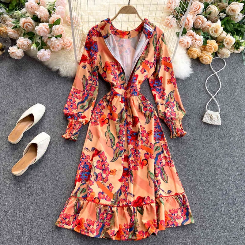 Women's Spring Fashion Europe Station Peter Pan Collar Puff Sleeve Ruffle Dress D0117 210506