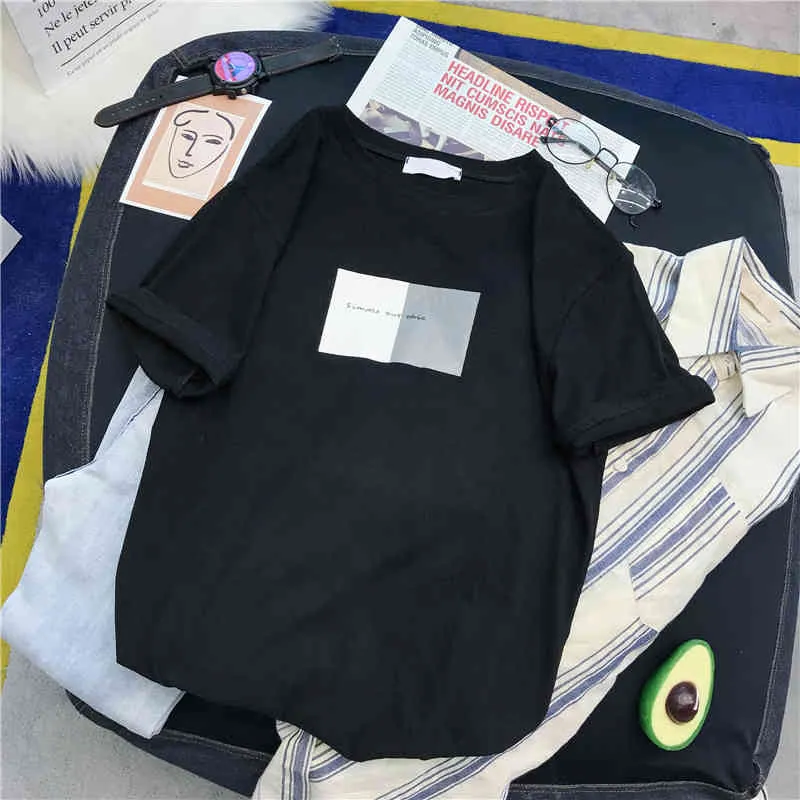 Zuolunouba Semplice Harajuku T-shirt in cotone Donna Manica corta Studente Mezza manica T-shirt Estate Allentato Stile Preppy Tees Top 210330